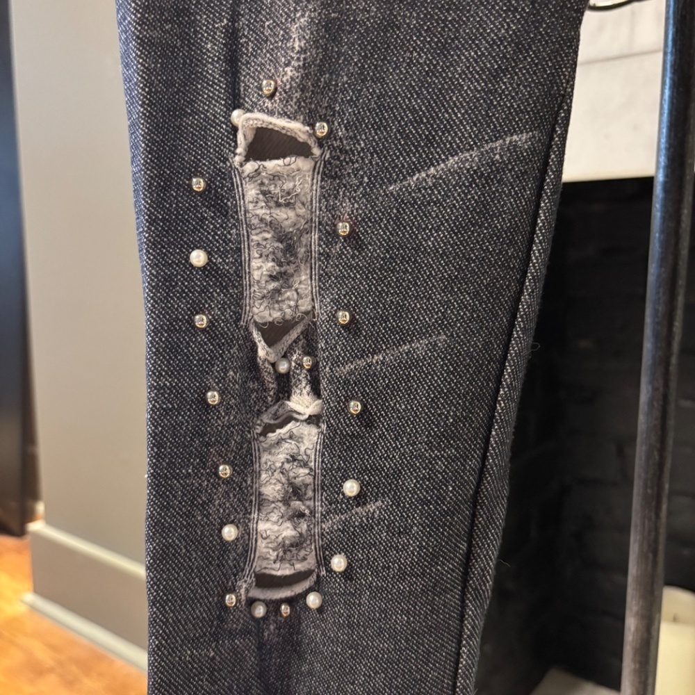 Distressed Faux Denim Pearl Stud Leggings | Stretch Jeggings Pants - Picture 2 of 5